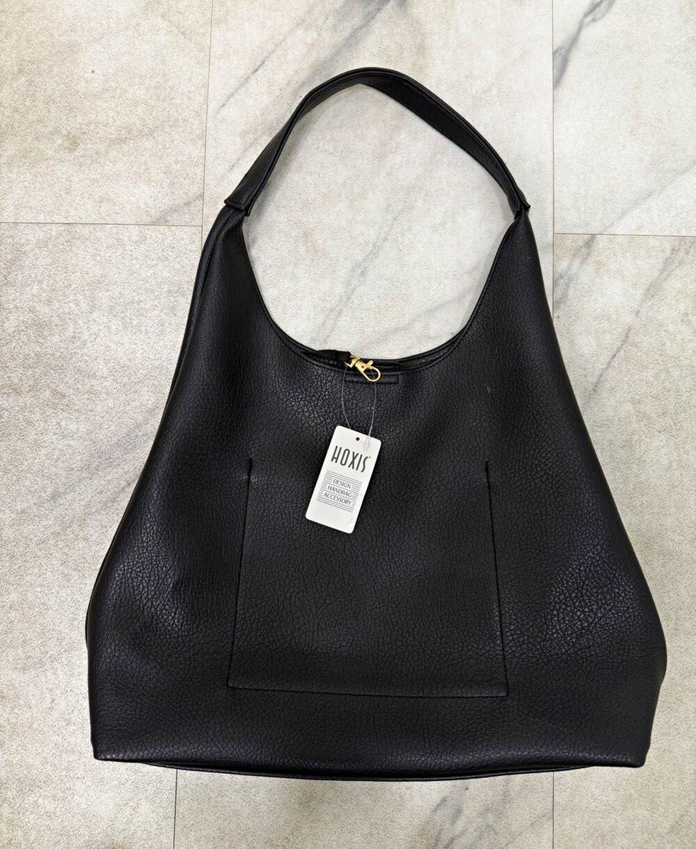 Hoxis Women’s Large Black Faux Leather Crescent Hobo Zip/Magnetic Gold Hardware